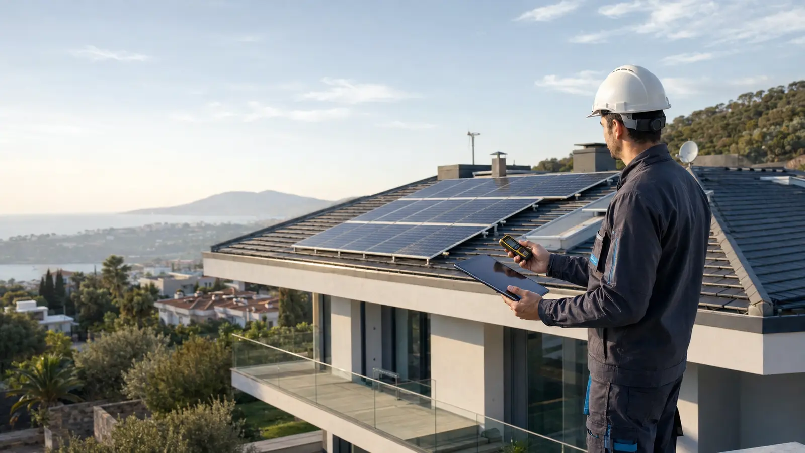 Güneş enerjisi keşfi yapan mühendis
