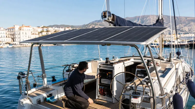 Güneş panelli yatta elektrik sistemini kontrol eden teknisyen (temsili görsel)