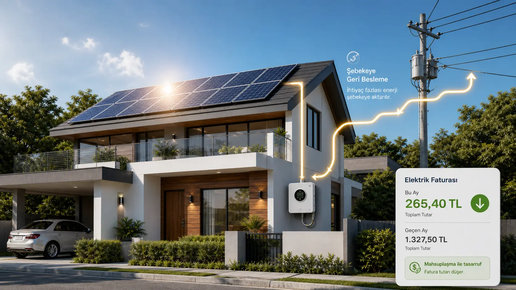 On-grid güneş enerjisi sistemi: çatı panelleri, inverter, tesis içi tüketim, şebekeye geri besleme ve temsili elektrik faturası panelini gösteren şema